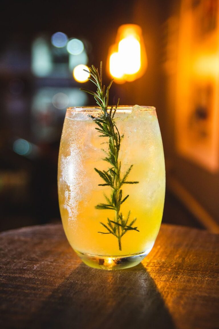 21st birthday party ideas with a cocktail with rosemary garnish in a glass on a bar