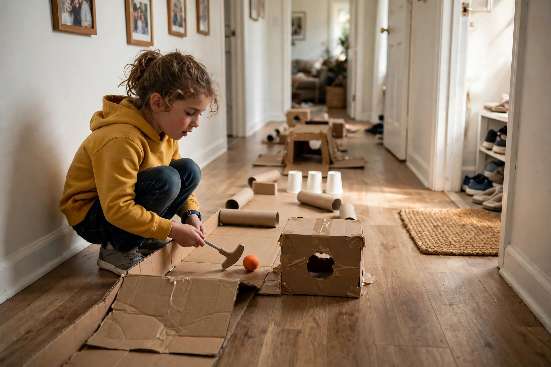 Cardboard mini golf course in a hallway with cardboard tunnel boxes and a folded cardboard ramp, cardboard box crafts for kids