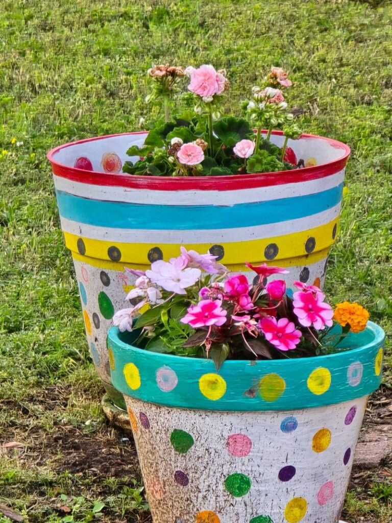 Clay pot craft ideas with hand-painted polka-dot terracotta pots holding flowers outdoors