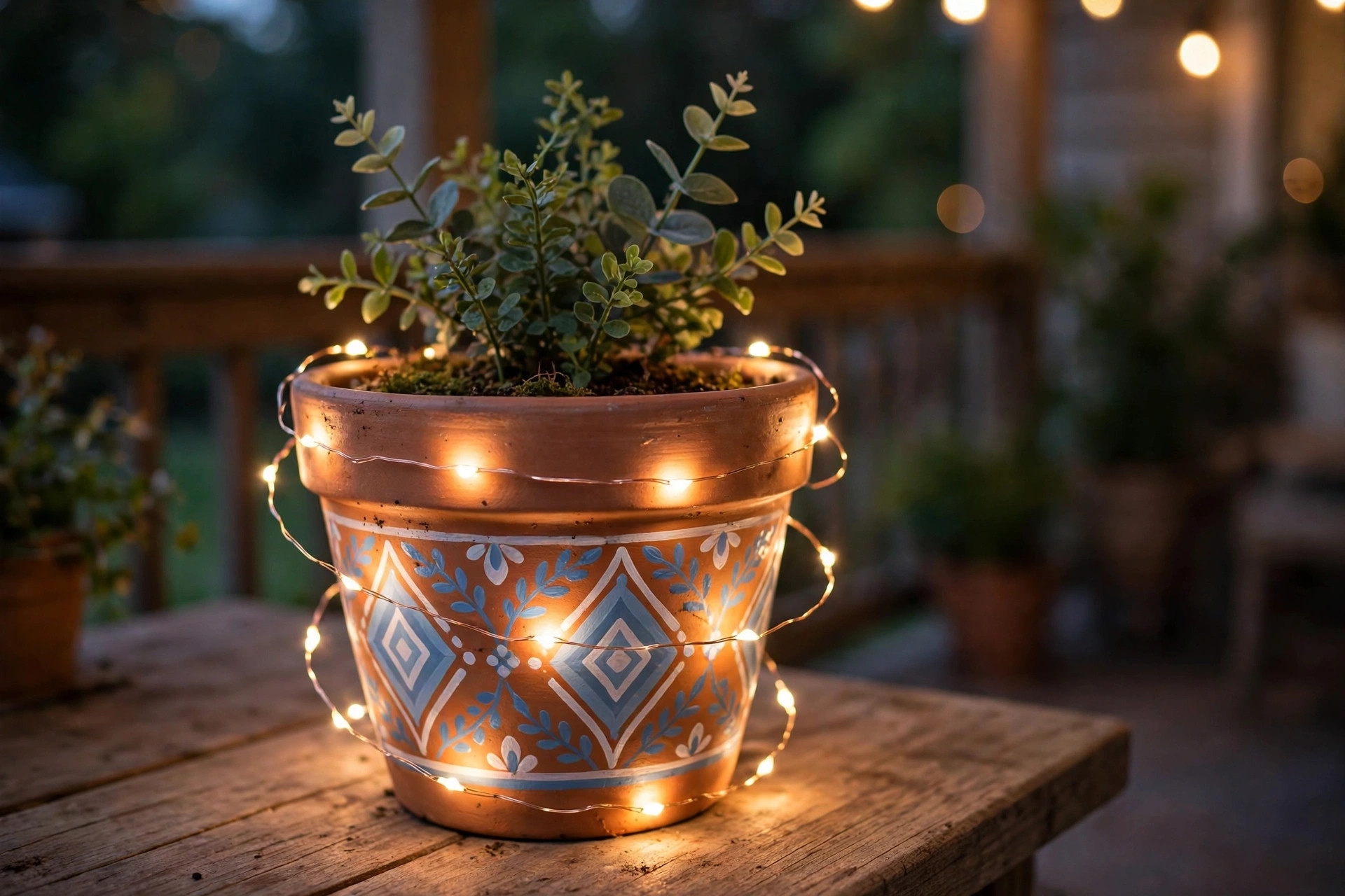 Painted clay pot with warm-white fairy lights wrapped around the outside, clay pot craft ideas