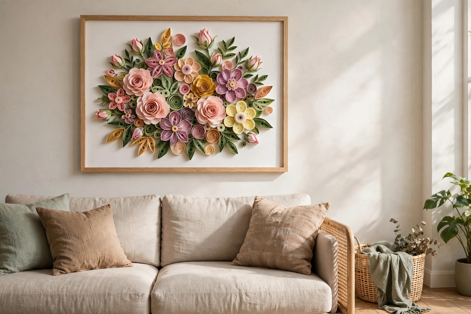 DIY wall decor ideas with paper with framed paper quilling floral art mounted on a wall above a sofa