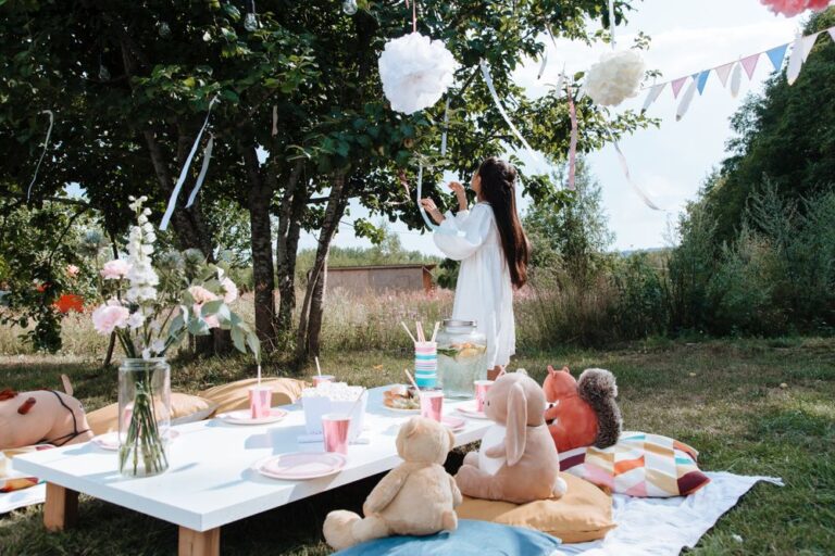 Child's outdoor birthday party with picnic setup and decorations. Stock Photo.