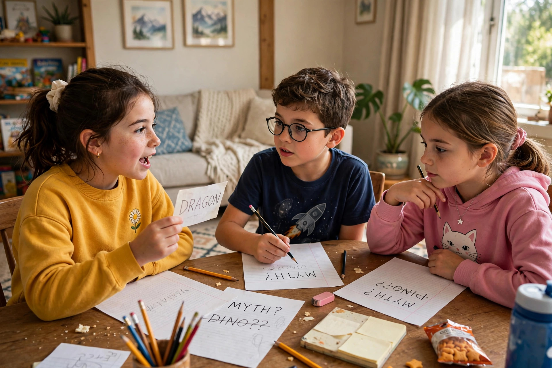 Children playing a one-word-clue guessing game on paper, one child holding a word card while the others write down their guesses with pencils