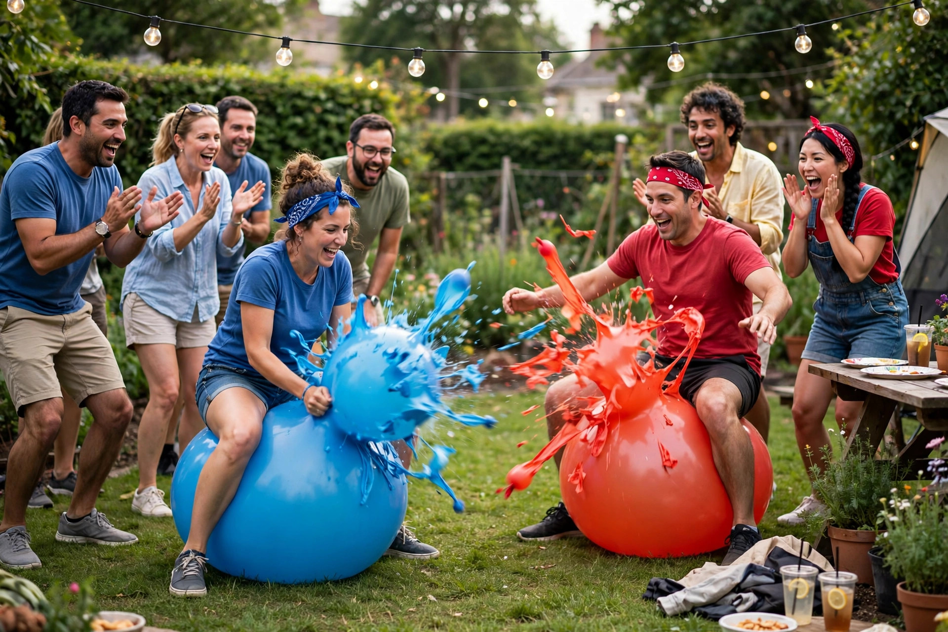 Adults sitting on large balloons popping them in a balloon pop relay at an outdoor garden party
