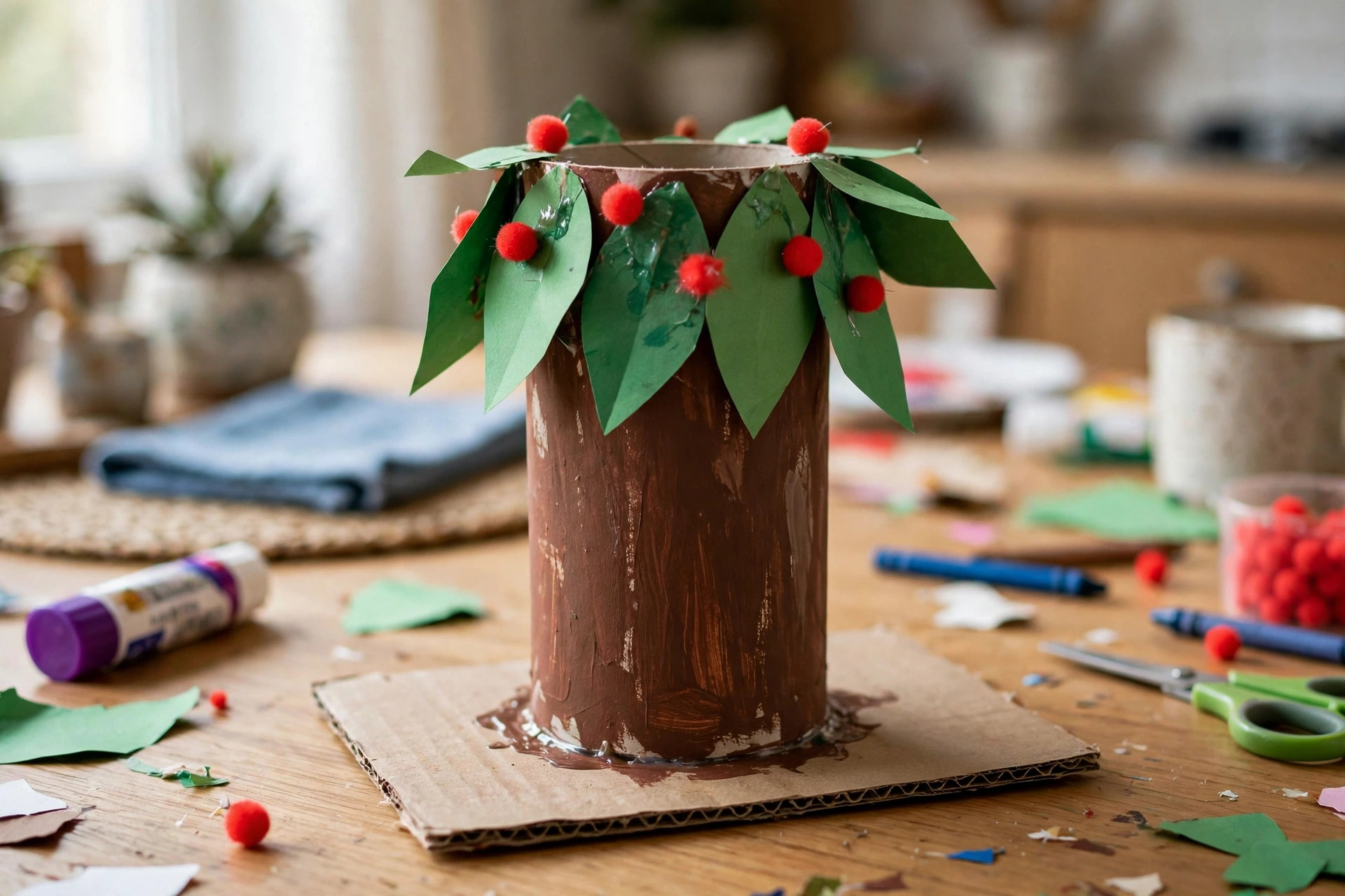 Standing toilet roll tree with brown trunk, green paper leaves and red pom-pom apples on a cardboard base, toilet roll crafts for kids