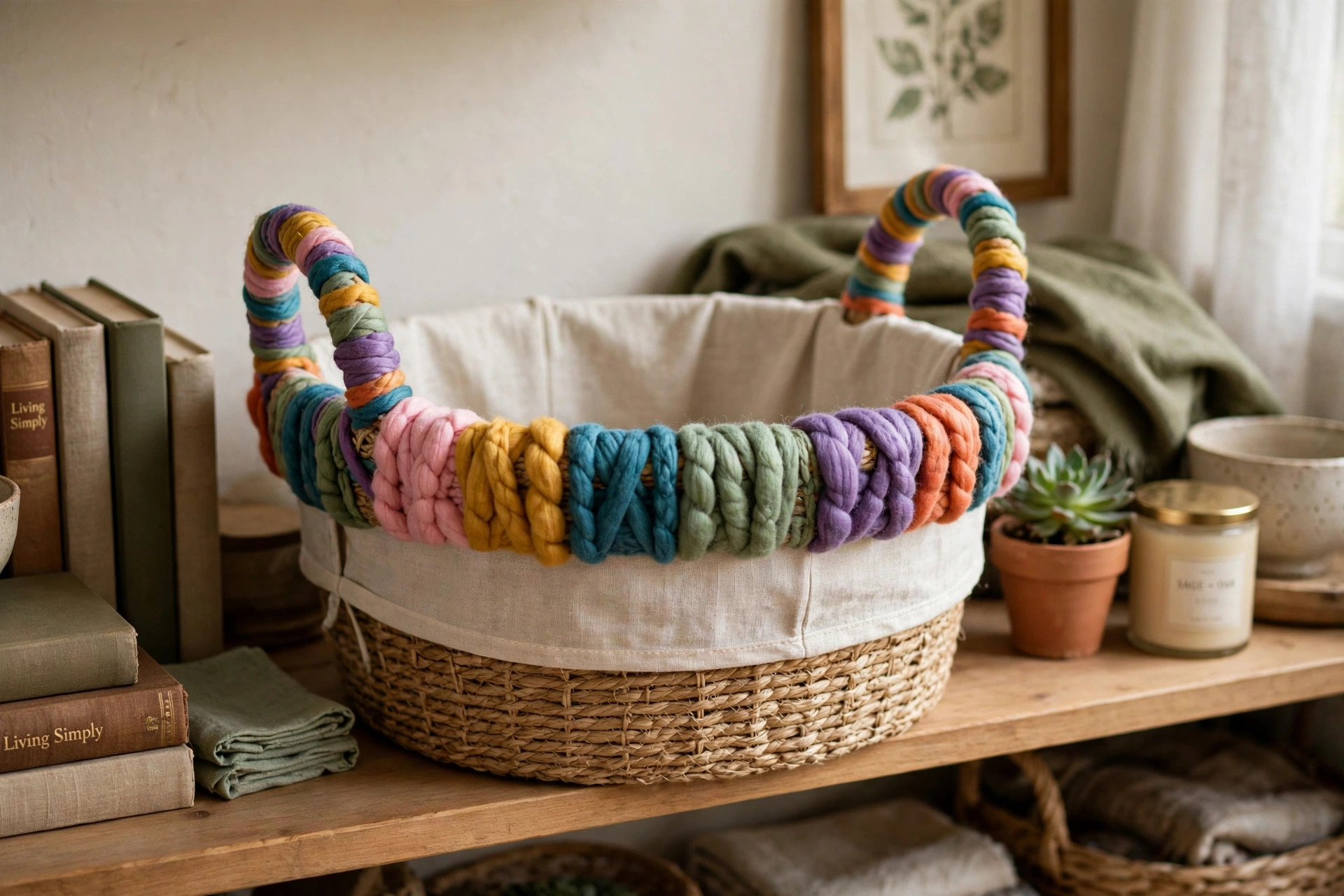 Basket lined with fabric and wrapped with colourful yarn around the rim and handles, yarn craft ideas
